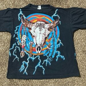 American Thunder‎ Native Bull Skull Eagle Lightning Graphic Shirt Vintage Size L